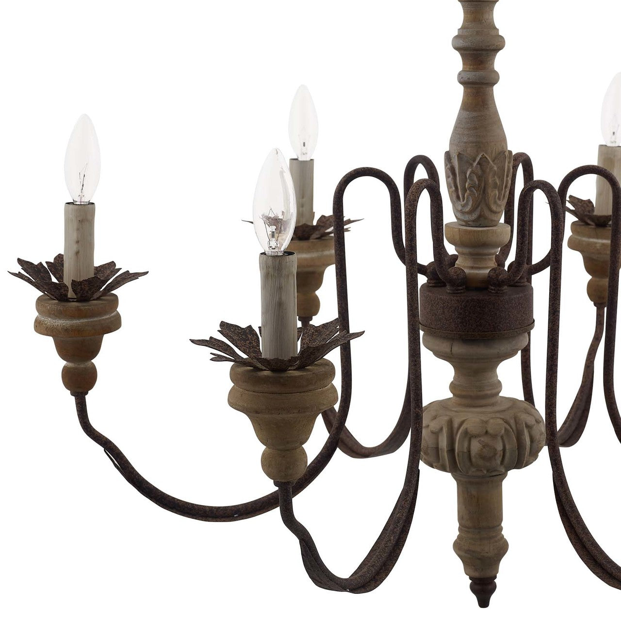 Bountiful Vintage French Pendant Ceiling Light Candelabra Chandelier, Metal Steel Wood, Natural Brown 15276