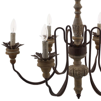 Bountiful Vintage French Pendant Ceiling Light Candelabra Chandelier, Metal Steel Wood, Natural Brown 15276