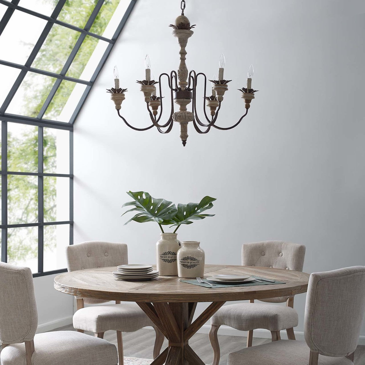 Bountiful Vintage French Pendant Ceiling Light Candelabra Chandelier, Metal Steel Wood, Natural Brown 15276