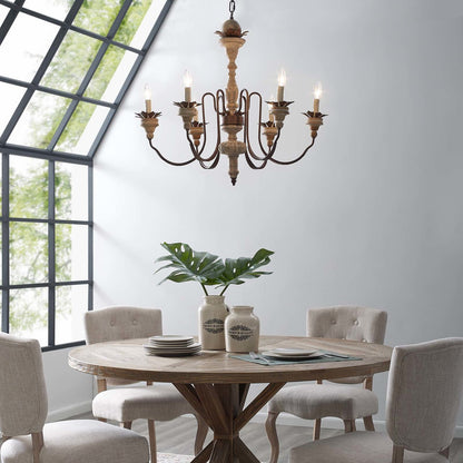 Bountiful Vintage French Pendant Ceiling Light Candelabra Chandelier, Metal Steel Wood, Natural Brown 15276