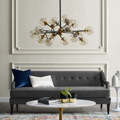 Sparkle Amber Glass And Antique Brass 18 Light Mid-Century Pendant Chandelier, Metal Steel, Gold 15277