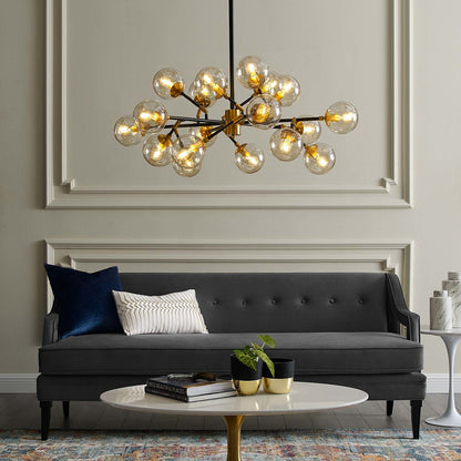 Sparkle Amber Glass And Antique Brass 18 Light Mid-Century Pendant Chandelier, Metal Steel, Gold 15277