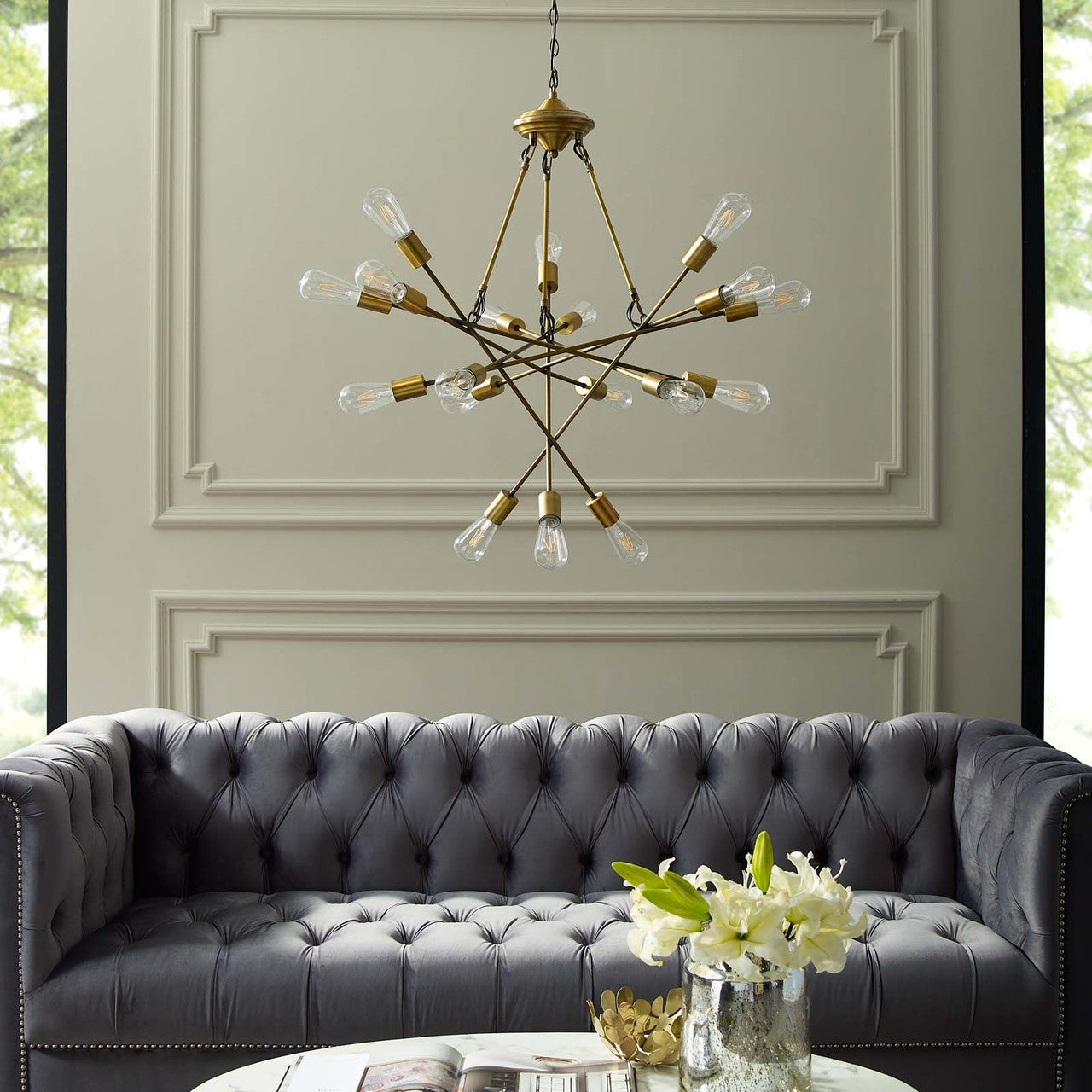 Request Antique Brass 18 Light Mid-Century Pendant Chandelier, Metal Steel, Gold 15278