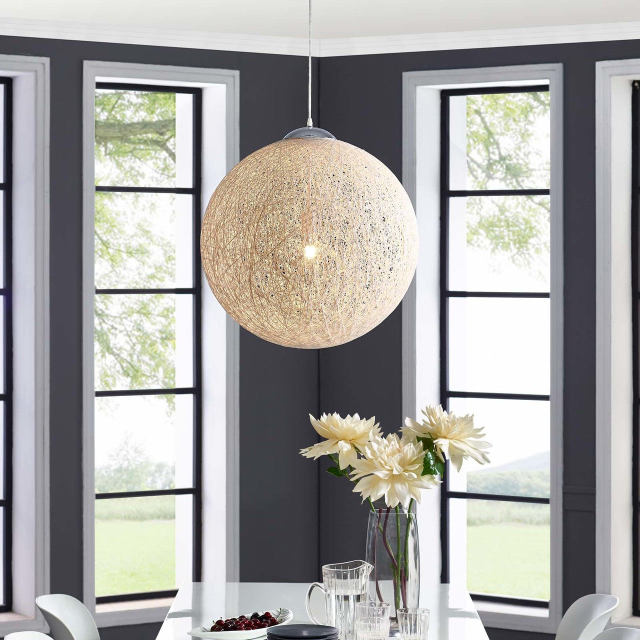 Spool 24" Pendant Light Chandelier, Rope, White 13848