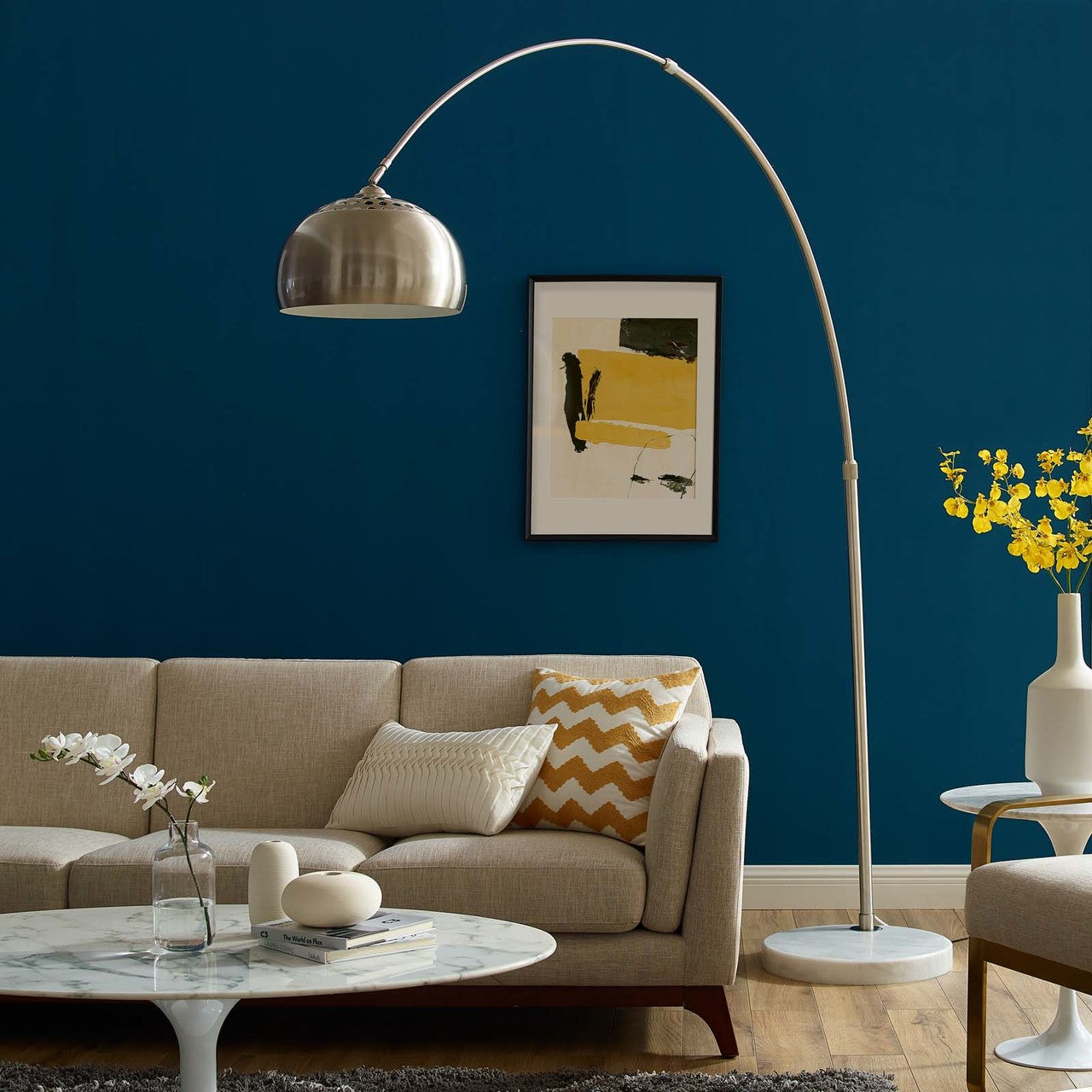 Sunflower Round Marble Base Floor Lamp, Metal Steel Marble, White 13854