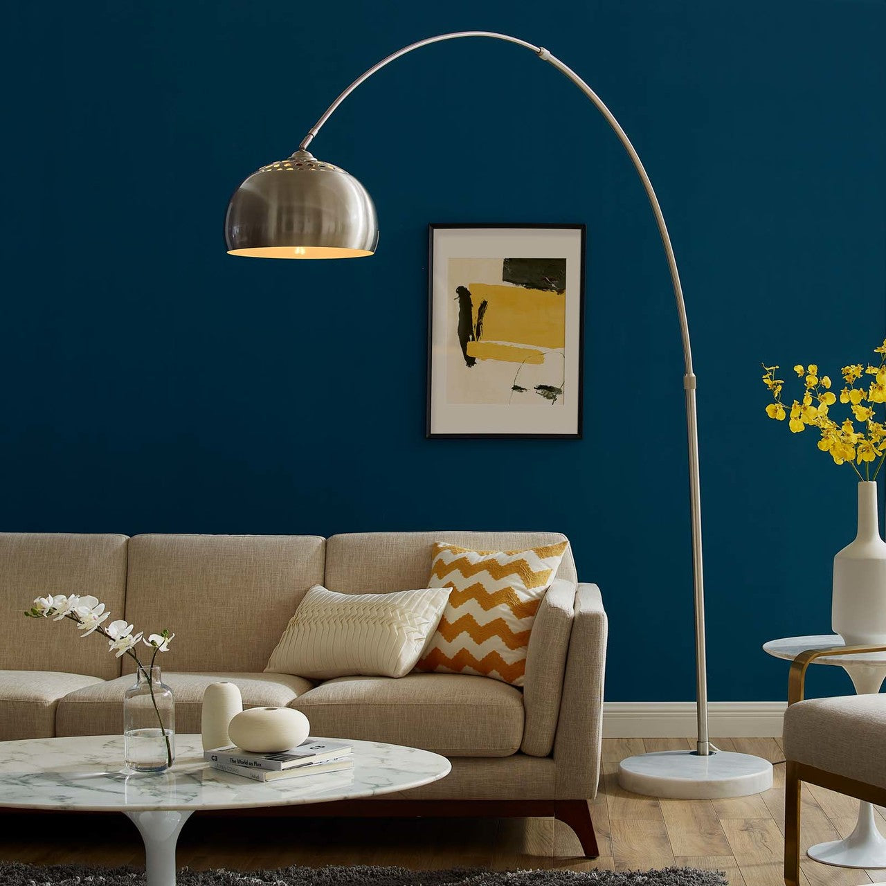 Sunflower Round Marble Base Floor Lamp, Metal Steel Marble, White 13854
