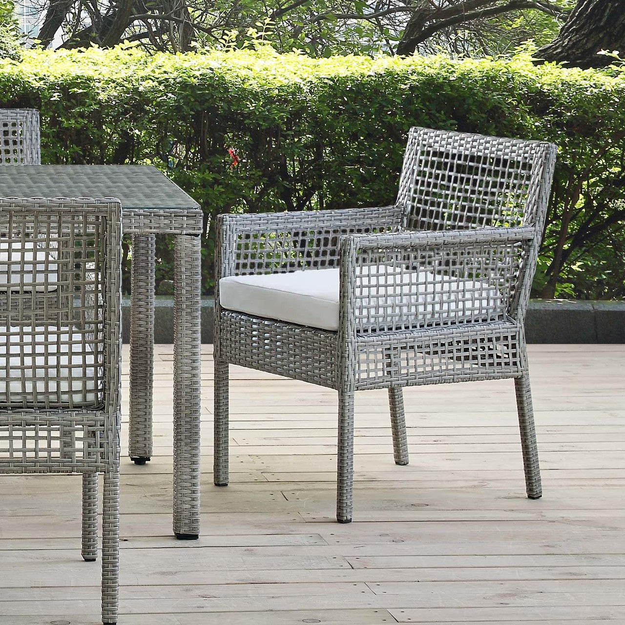 Aura Outdoor Patio Wicker Rattan Dining Armchair, Rattan Wicker, Grey Gray White 13870