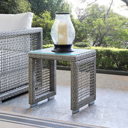 Aura Outdoor Patio Wicker Rattan Side Table, Rattan, Wicker, Glass, Grey Gray 13872