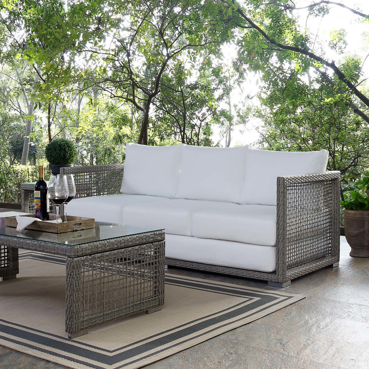Aura Outdoor Patio Wicker Rattan Sofa, Rattan Wicker, Grey Gray White 13875