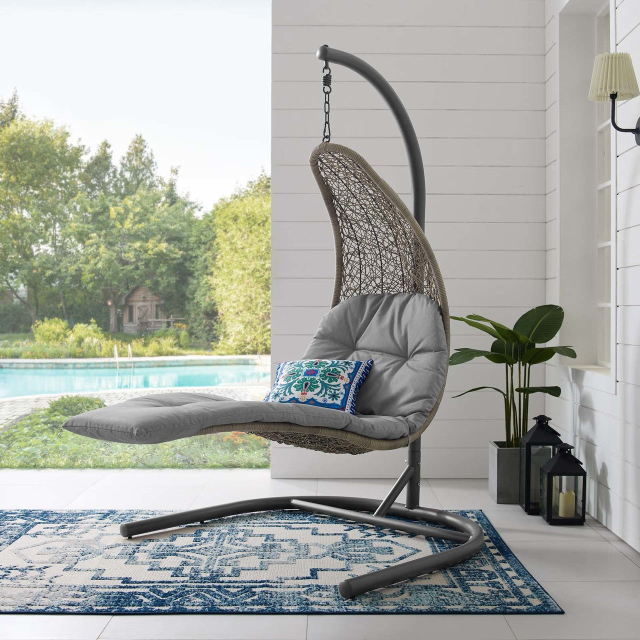 Landscape Hanging Chaise Lounge Outdoor Patio Swing Chair, Rattan Wicker, Grey Gray 15184