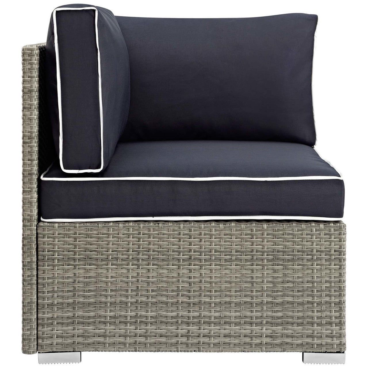 Repose Outdoor Patio Corner, Sunbrella Rattan Wicker, Navy Blue Light Gray 13893
