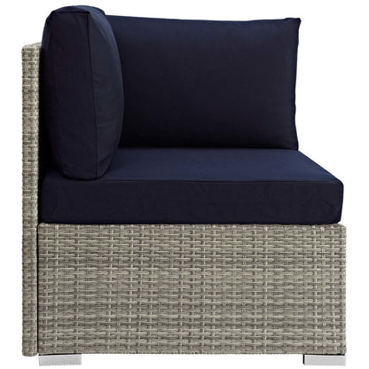 Repose Sunbrella® Fabric Outdoor Patio Corner, Sunbrella Rattan Wicker, Navy Blue Light Gray 13897