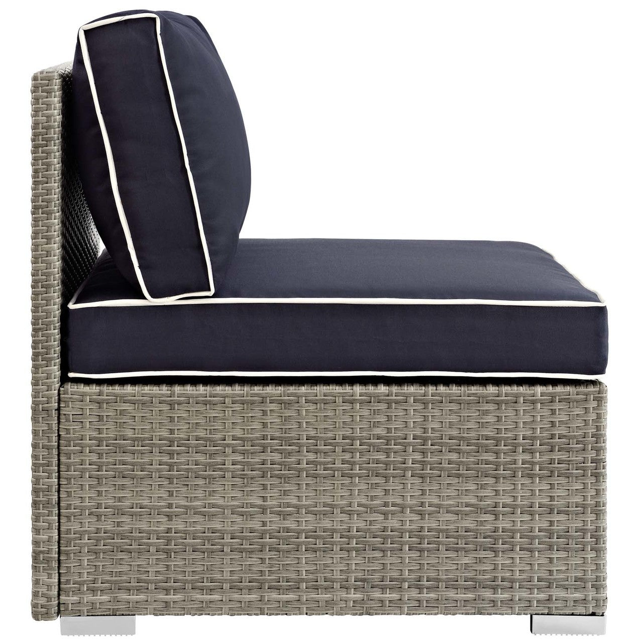 Repose Outdoor Patio Armless Chair, Sunbrella Rattan Wicker, Navy Blue Light Gray 13901