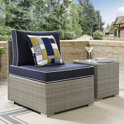 Repose Outdoor Patio Armless Chair, Sunbrella Rattan Wicker, Navy Blue Light Gray 13901