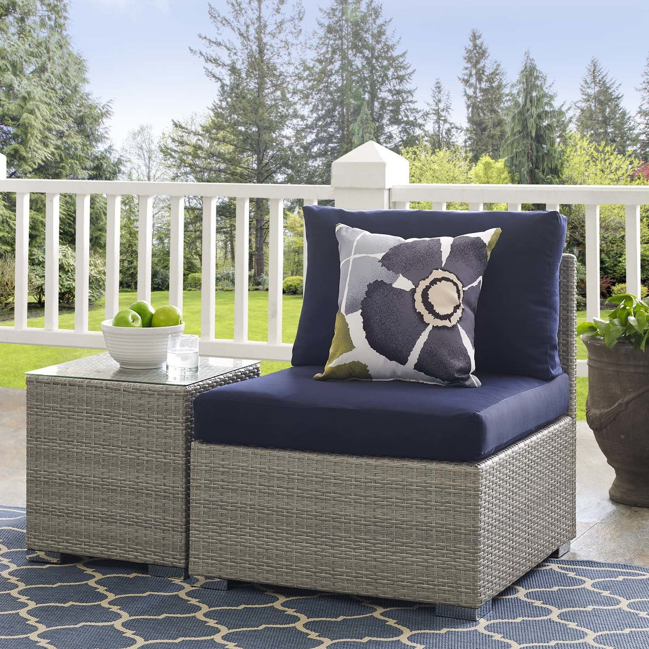 Repose Sunbrella® Fabric Outdoor Patio Armless Chair, Sunbrella Rattan Wicker, Navy Blue Light Gray 13905