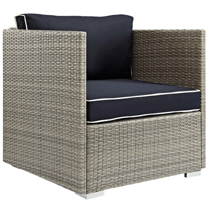 Repose Outdoor Patio Armchair, Sunbrella Rattan Wicker, Navy Blue Light Gray 13909