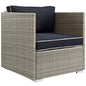 Repose Outdoor Patio Armchair, Sunbrella Rattan Wicker, Navy Blue Light Gray 13909