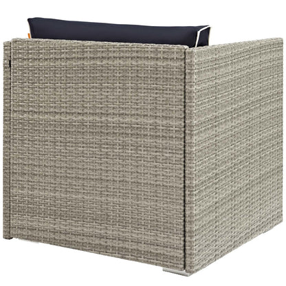Repose Outdoor Patio Armchair, Sunbrella Rattan Wicker, Navy Blue Light Gray 13909