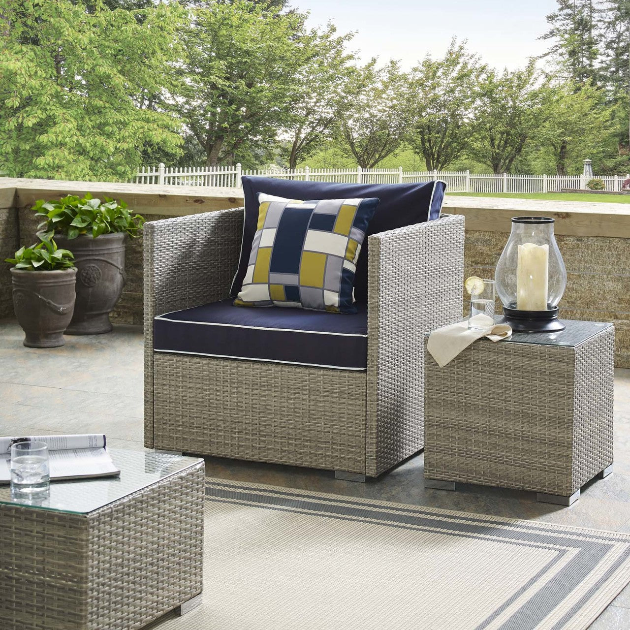 Repose Outdoor Patio Armchair, Sunbrella Rattan Wicker, Navy Blue Light Gray 13909