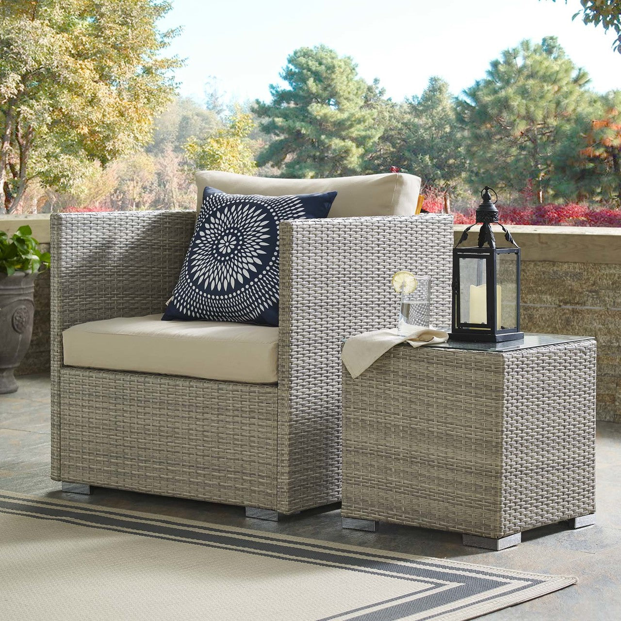 Repose Sunbrella® Fabric Outdoor Patio Armchair, Sunbrella Rattan Wicker, Light Gray Beige 13912