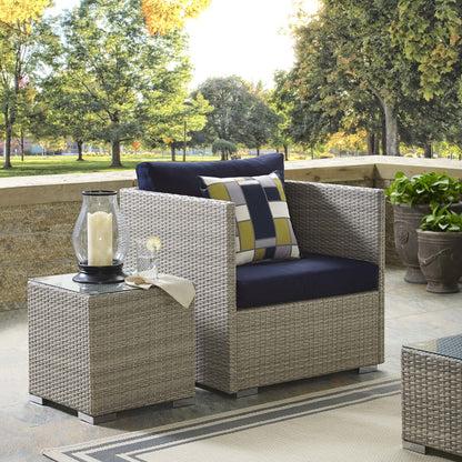 Repose Sunbrella® Fabric Outdoor Patio Armchair, Sunbrella Rattan Wicker, Navy Blue Light Gray 13913