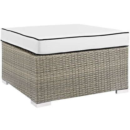 Repose Outdoor Patio Upholstered Fabric Ottoman, Sunbrella Rattan Wicker, White Light Gray 13919