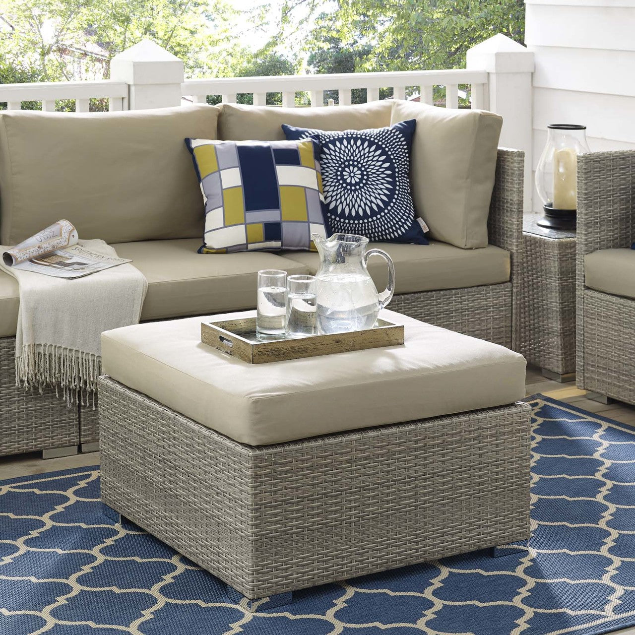Repose Sunbrella® Fabric Outdoor Patio Ottoman, Sunbrella Rattan Wicker, Light Gray Beige 13920