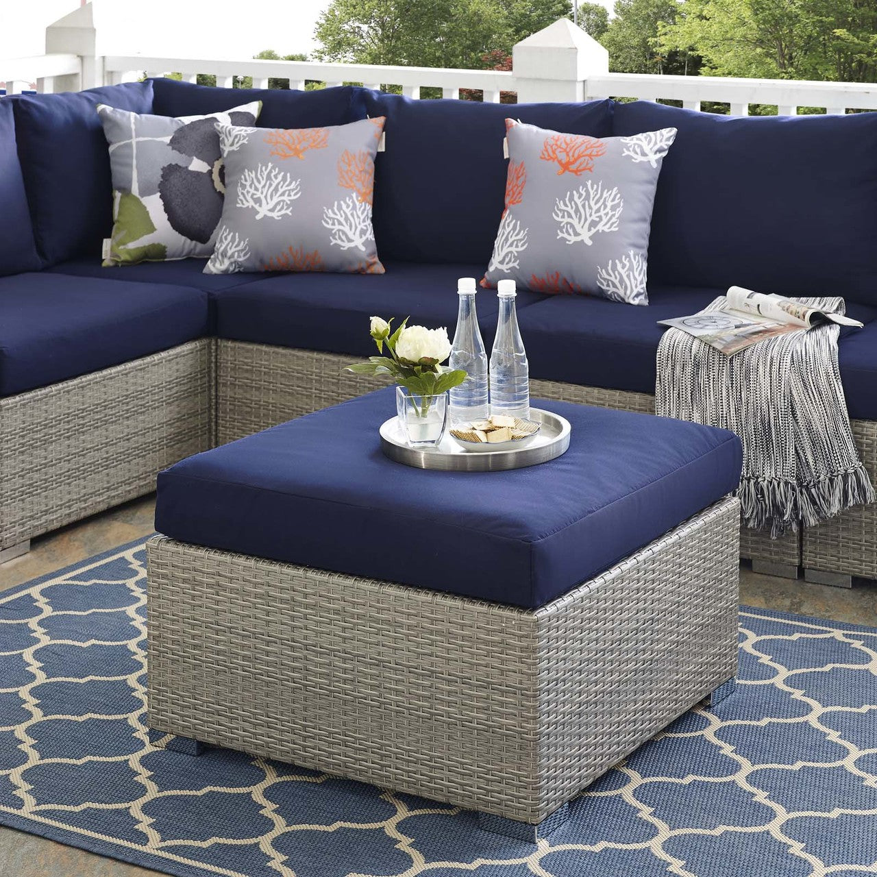 Repose Sunbrella® Fabric Outdoor Patio Ottoman, Sunbrella Rattan Wicker, Navy Blue Light Gray 13921