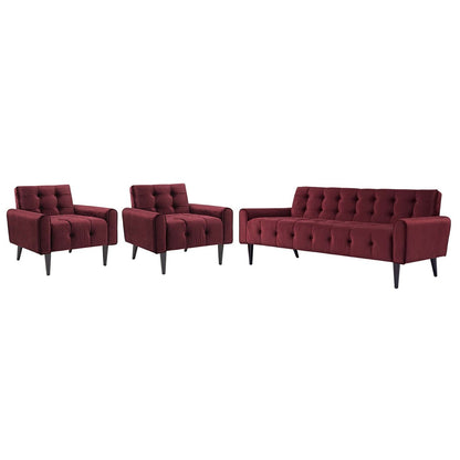Delve Living Room Set Velvet Set of 3, Velvet Fabric, Red 13937