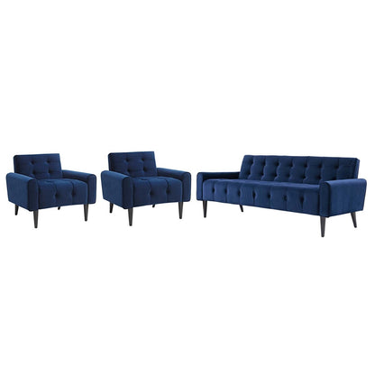 Delve Living Room Set Velvet Set of 3, Velvet Fabric, Navy Blue 13938