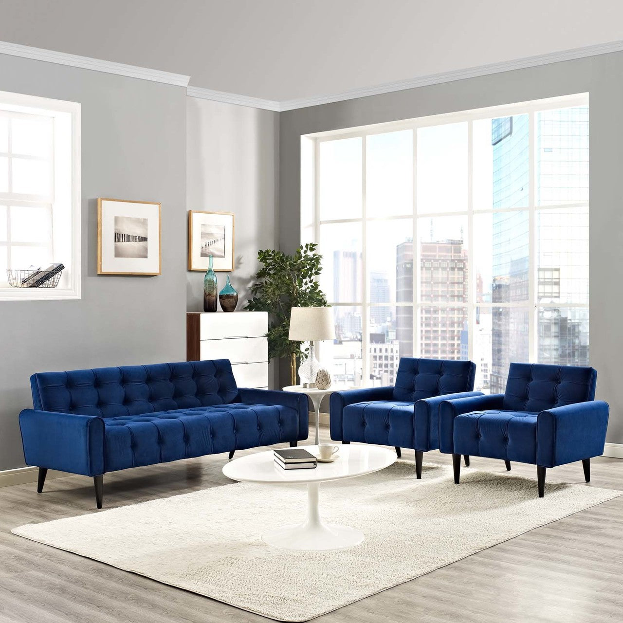 Delve Living Room Set Velvet Set of 3, Velvet Fabric, Navy Blue 13938