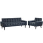 Delve 2 Piece Upholstered Vinyl Sofa and Armchair Set, Faux Vinyl Leather, Blue 13939
