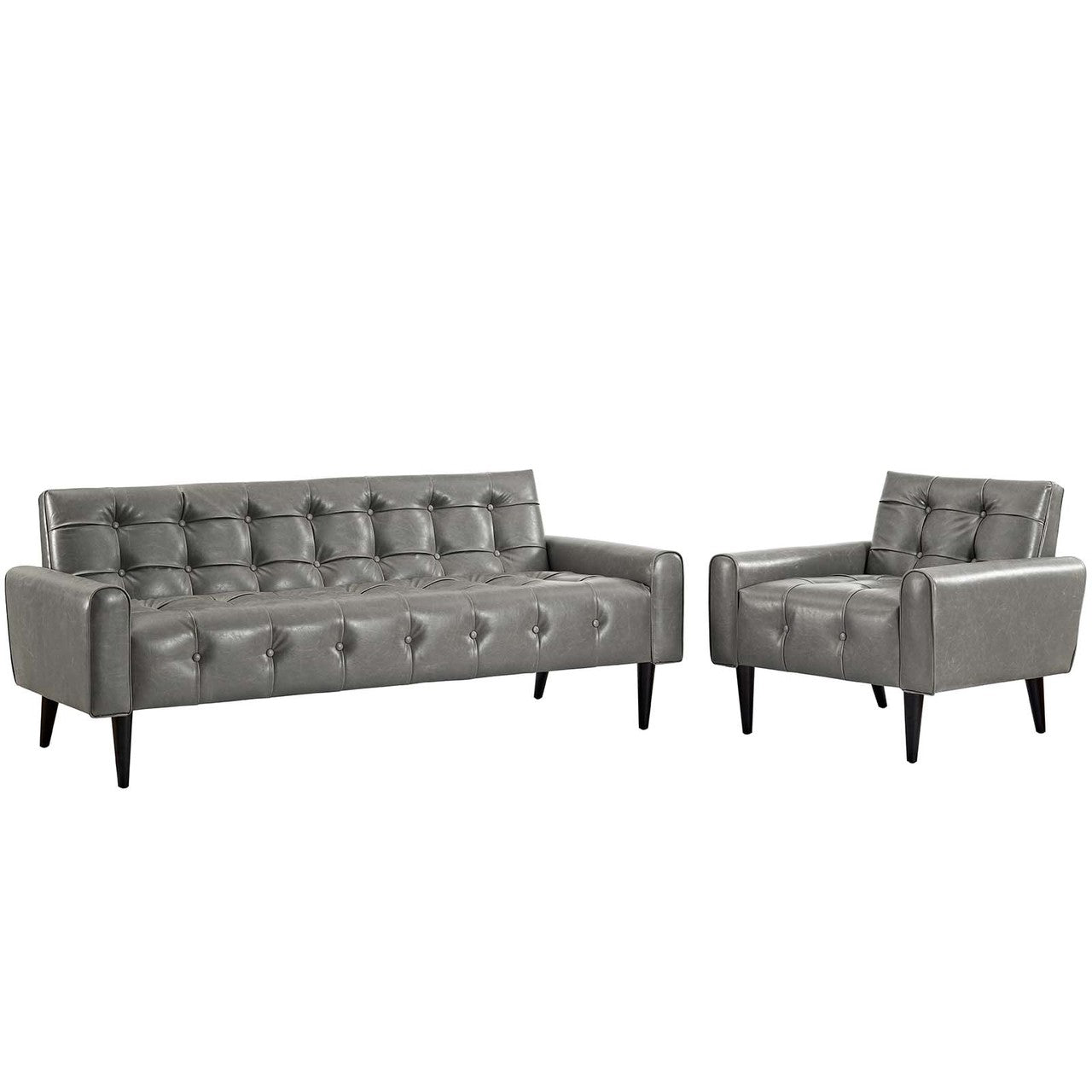 Delve 2 Piece Upholstered Vinyl Sofa and Armchair Set, Faux Vinyl Leather, Grey Gray 13940