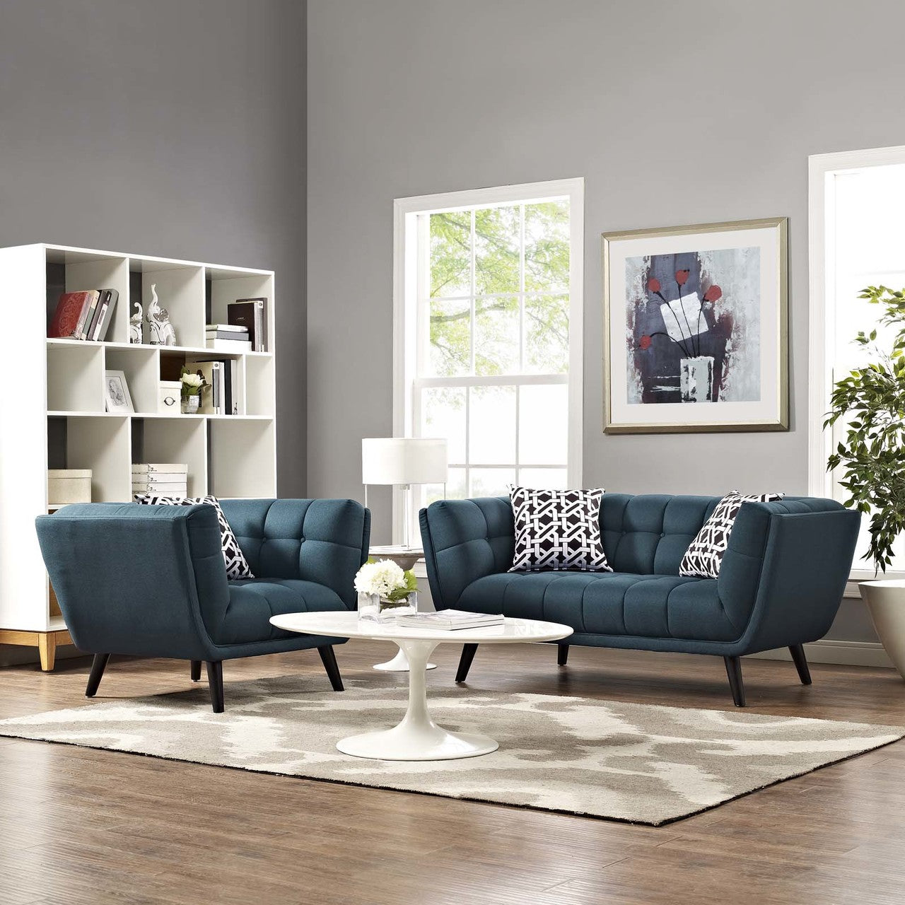 Bestow 2 Piece Upholstered Fabric Loveseat and Armchair Set, Fabric, Blue 13941