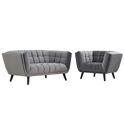 Bestow 2 Piece Velvet Loveseat and Armchair Set, Velvet Fabric, Grey Gray 13945