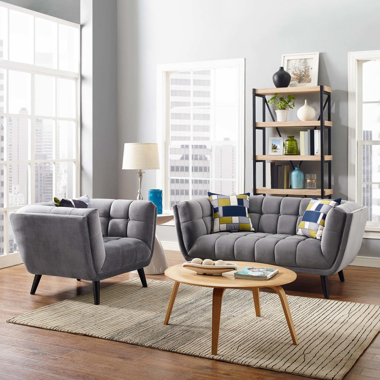 Bestow 2 Piece Velvet Loveseat and Armchair Set, Velvet Fabric, Grey Gray 13945
