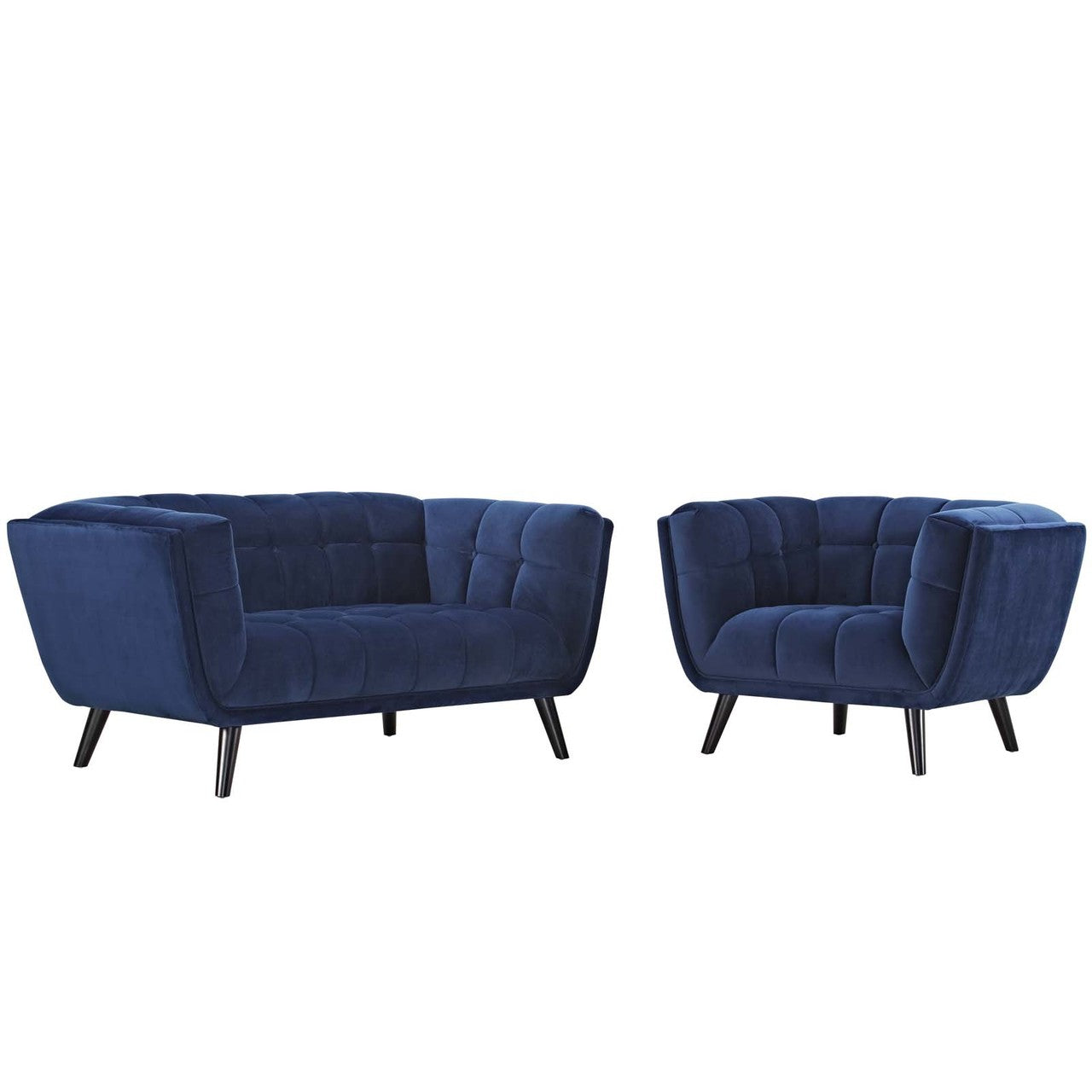 Bestow 2 Piece Velvet Loveseat and Armchair Set, Velvet Fabric, Navy Blue 13946
