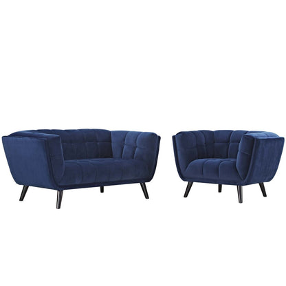 Bestow 2 Piece Velvet Loveseat and Armchair Set, Velvet Fabric, Navy Blue 13946