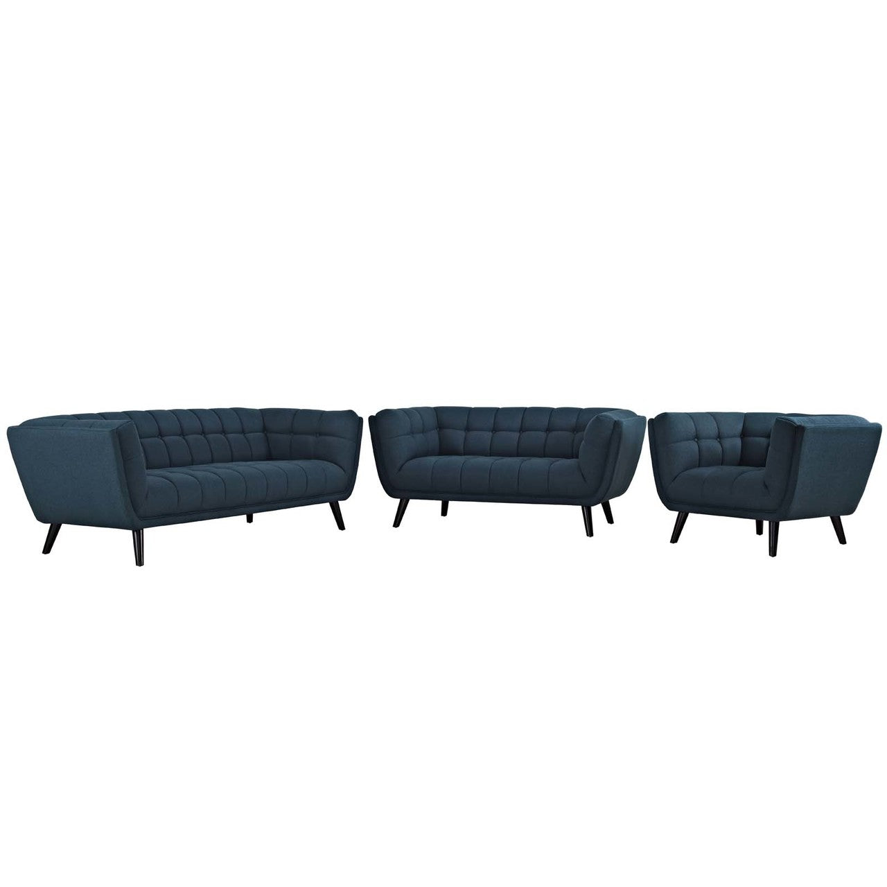 Bestow 3 Piece Upholstered Fabric Sofa Loveseat and Armchair Set, Fabric, Blue 13947