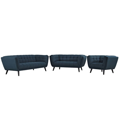 Bestow 3 Piece Upholstered Fabric Sofa Loveseat and Armchair Set, Fabric, Blue 13947