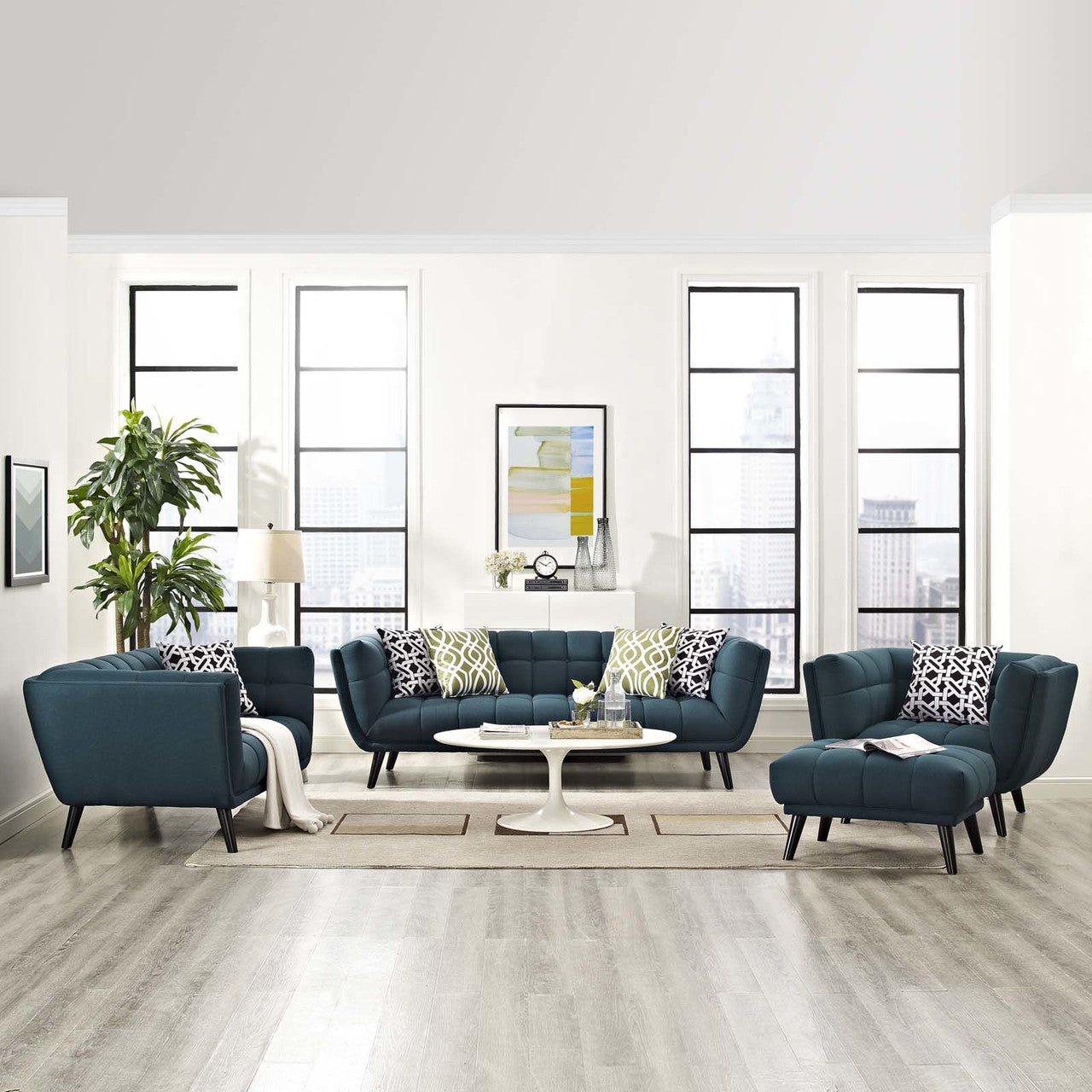 Bestow 3 Piece Upholstered Fabric Sofa Loveseat and Armchair Set, Fabric, Blue 13947