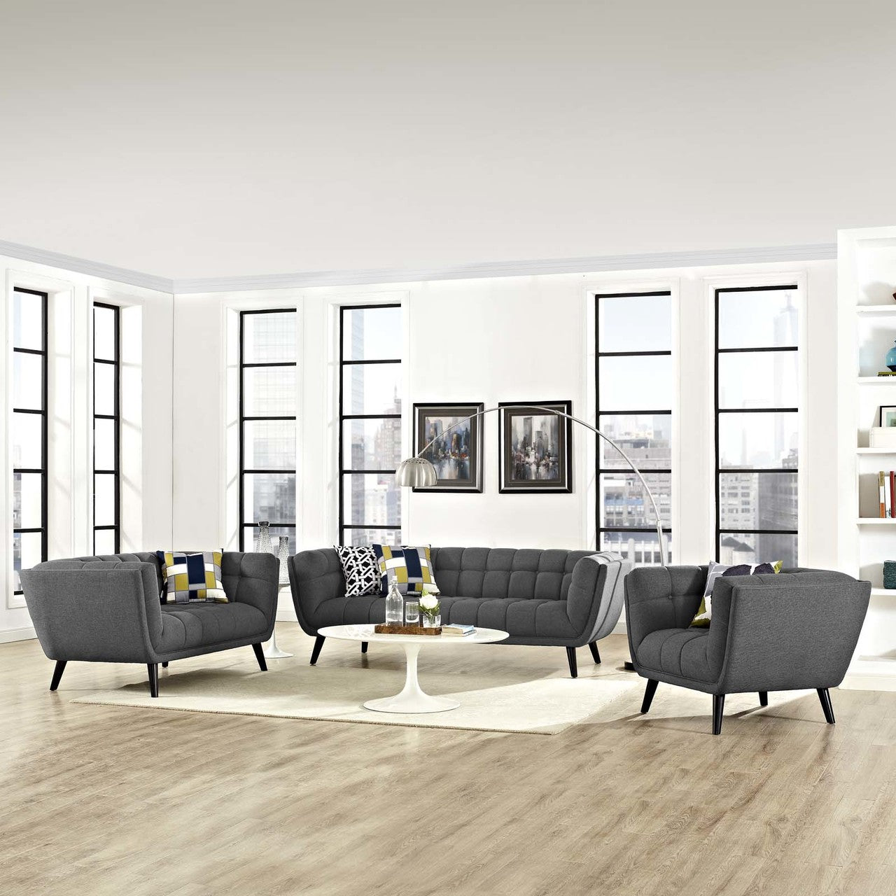 Bestow 3 Piece Upholstered Fabric Sofa Loveseat and Armchair Set, Fabric, Grey Gray 13948