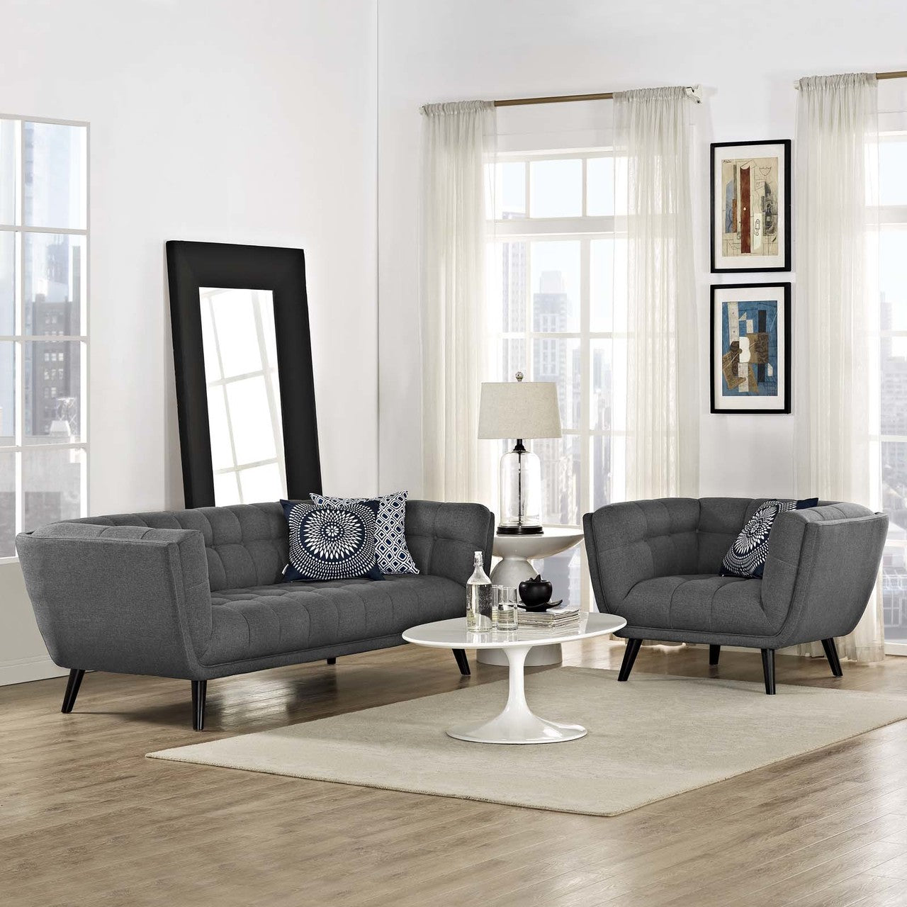 Bestow 2 Piece Upholstered Fabric Sofa and Armchair Set, Fabric, Grey Gray 13954