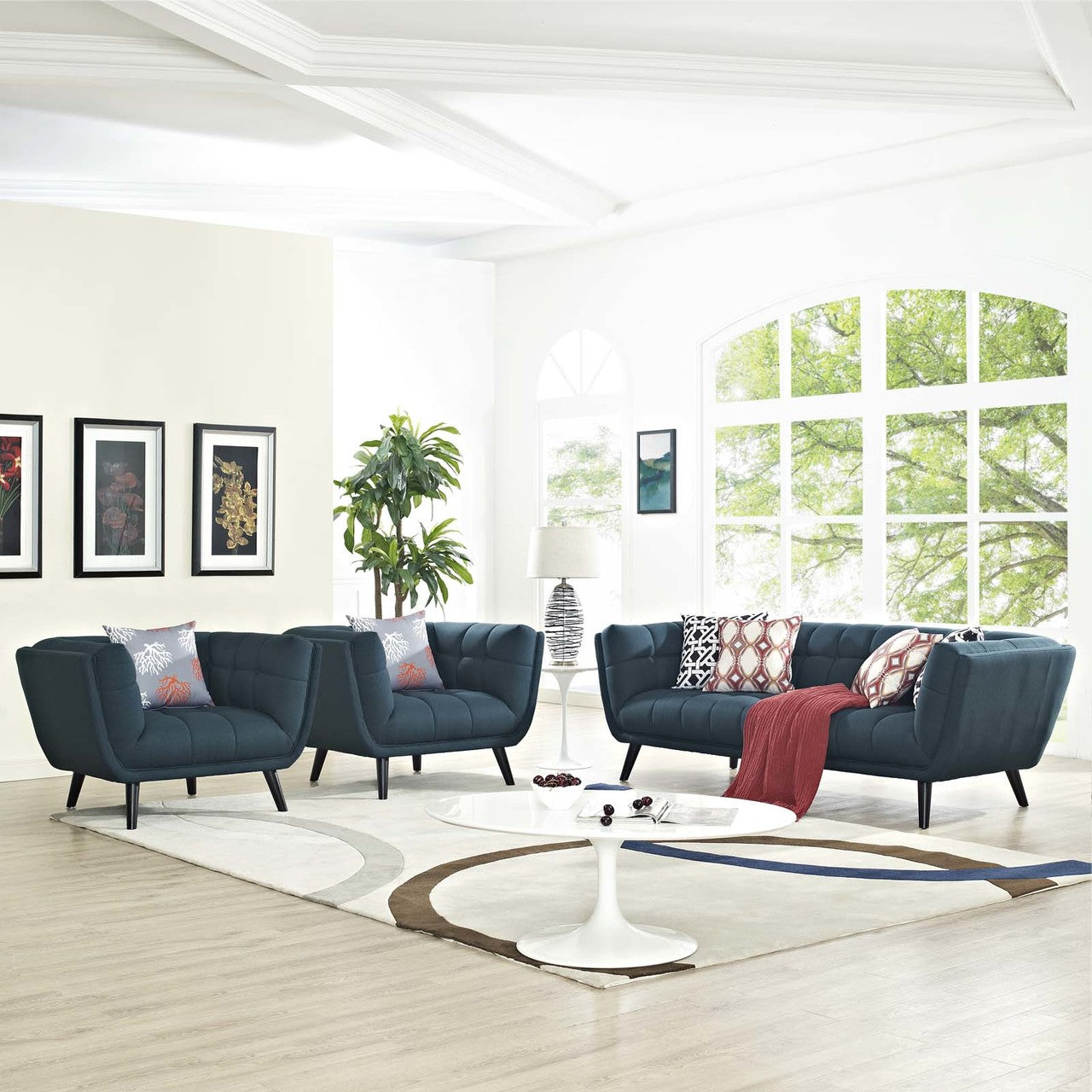Bestow 3 Piece Upholstered Fabric Sofa and Armchair Set, Fabric, Blue 13956