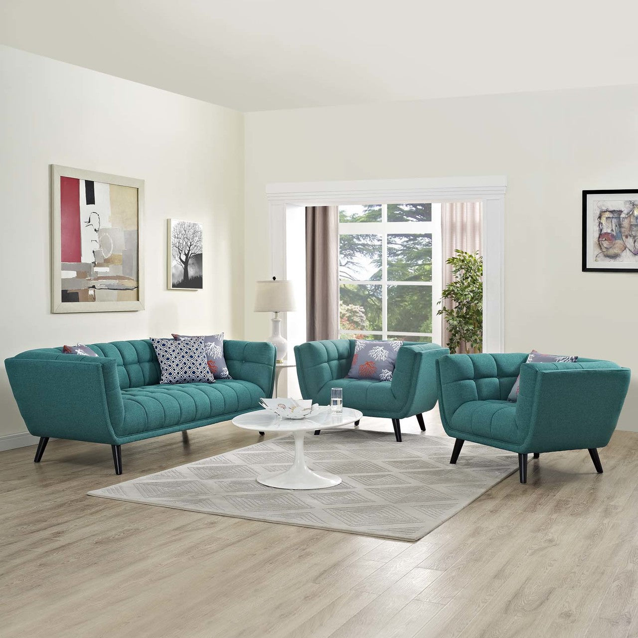 Bestow 3 Piece Upholstered Fabric Sofa and Armchair Set, Fabric, Aqua Blue 13958