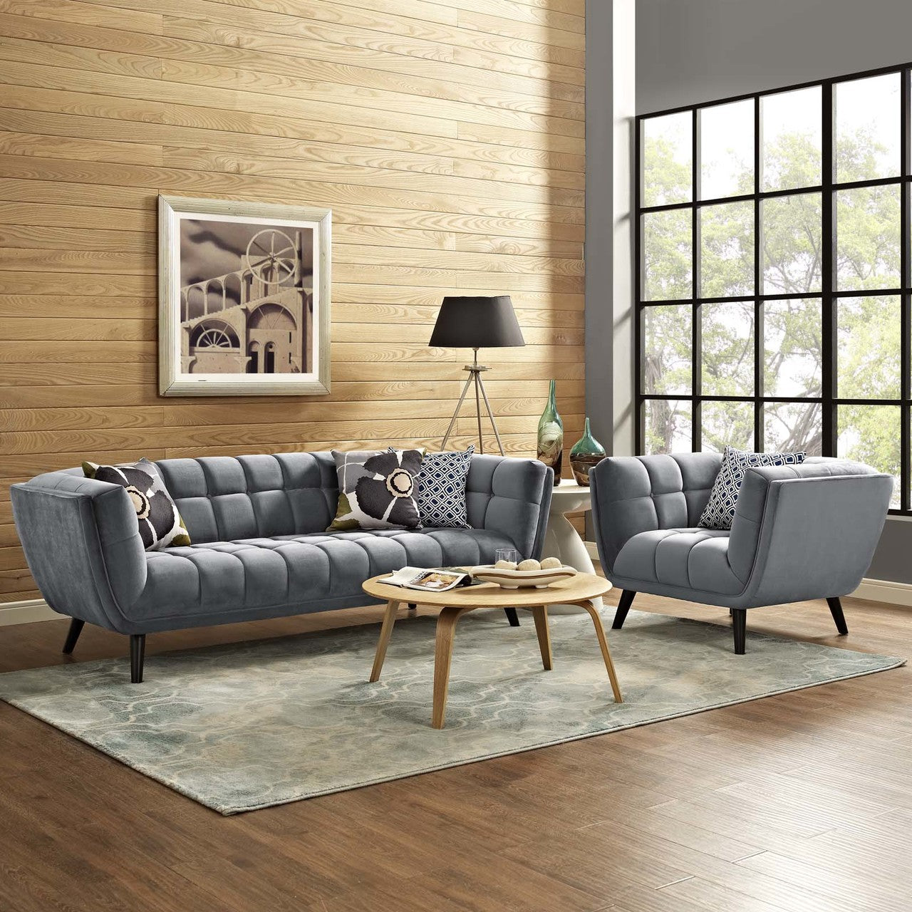 Bestow 2 Piece Velvet Sofa and Armchair Set, Velvet Fabric, Grey Gray 13966