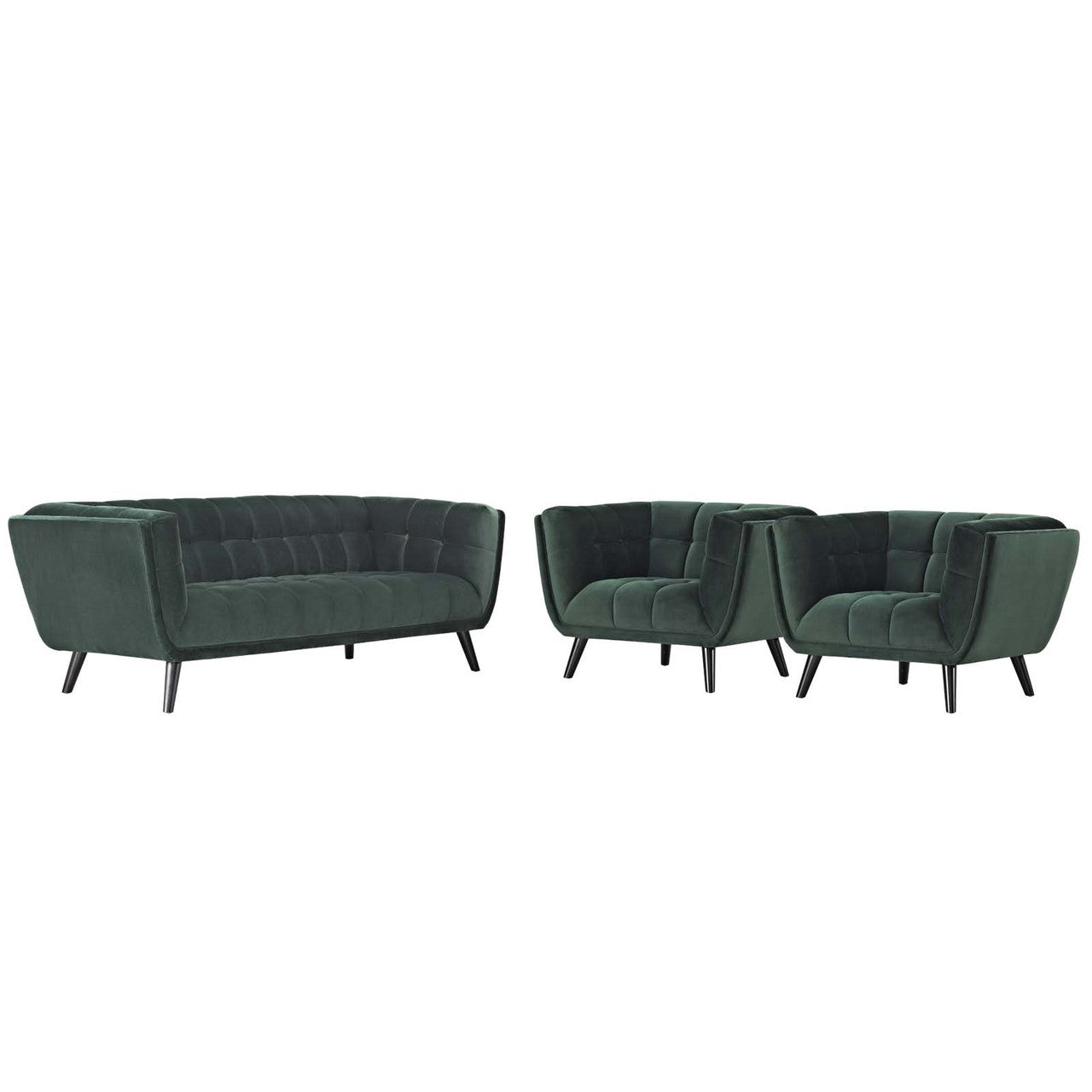 Bestow 3 Piece Velvet Sofa and Armchair Set, Velvet Fabric, Green 13968