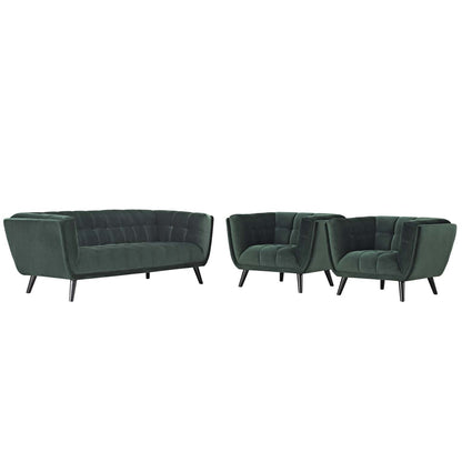 Bestow 3 Piece Velvet Sofa and Armchair Set, Velvet Fabric, Green 13968