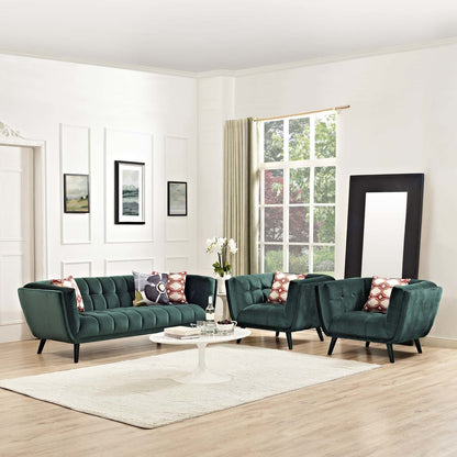 Bestow 3 Piece Velvet Sofa and Armchair Set, Velvet Fabric, Green 13968