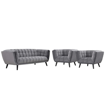 Bestow 3 Piece Velvet Sofa and Armchair Set, Velvet Fabric, Grey Gray 13969